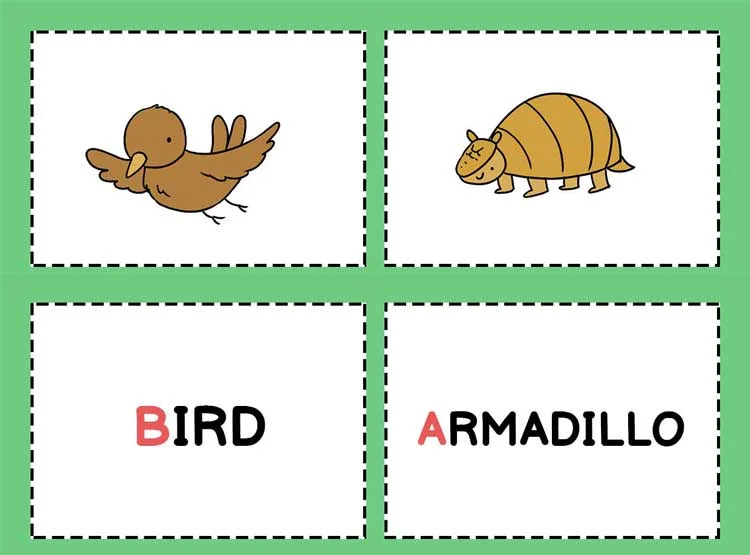Jogo da memória em inglês para imprimir – Animais letras A e B