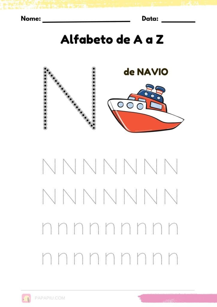 Letra N alfabeto pontilhado para imprimir