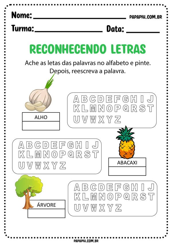Atividade de alfabetização para encontrar as letras das palavras no meio do alfabeto