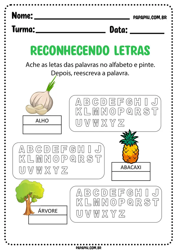 Atividade de alfabetização para encontrar as letras das palavras no meio do alfabeto