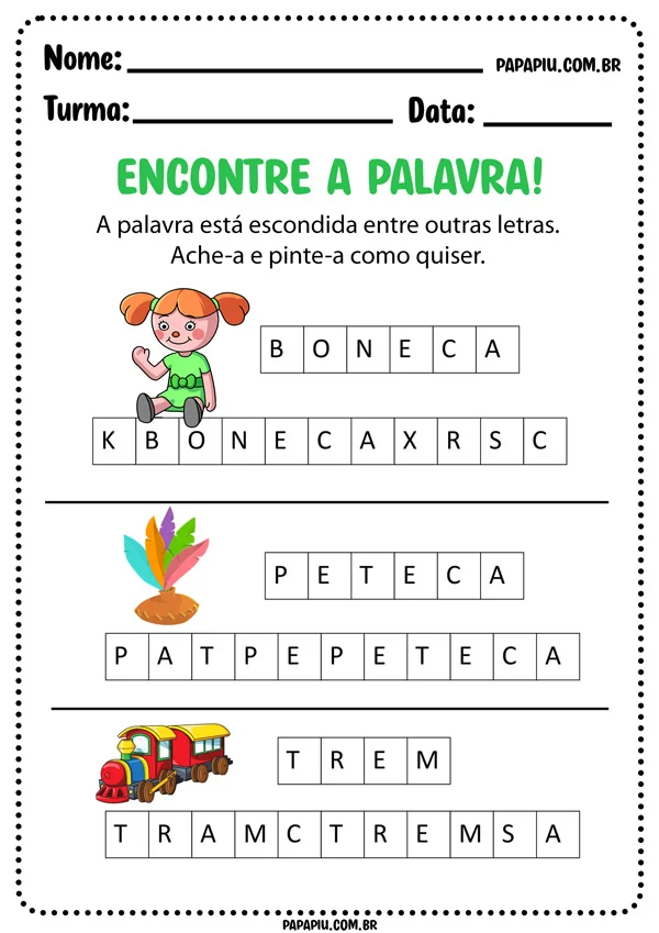Atividade de alfabetização para encontrar a letra minsturada com outras