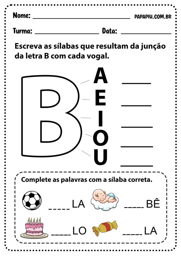 Atividade de alfabetização com a letra B e suas sílabas by papapiu