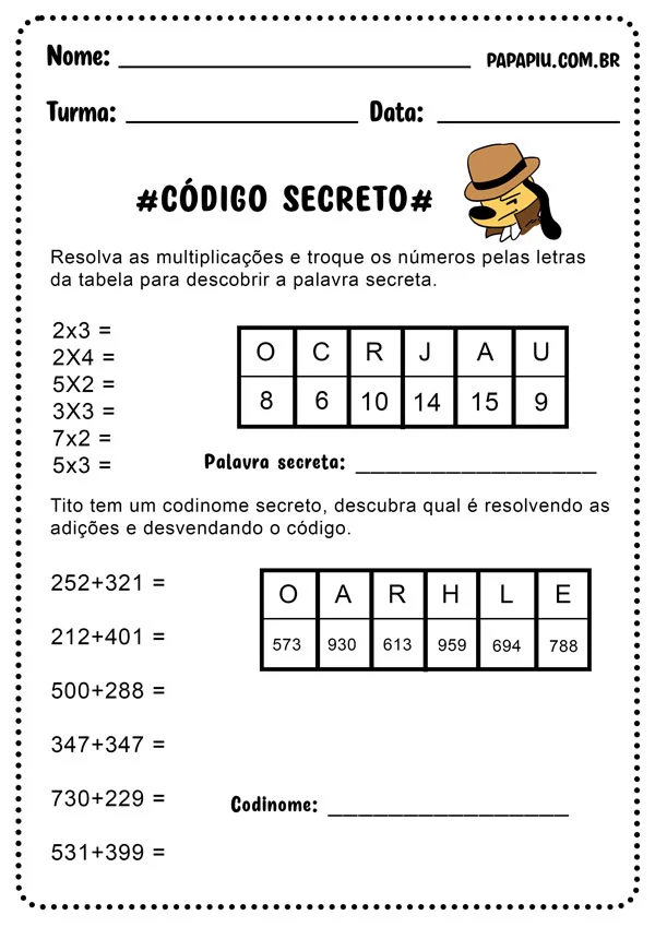 Atividade de matemática para 3° ano com soma e multiplicação