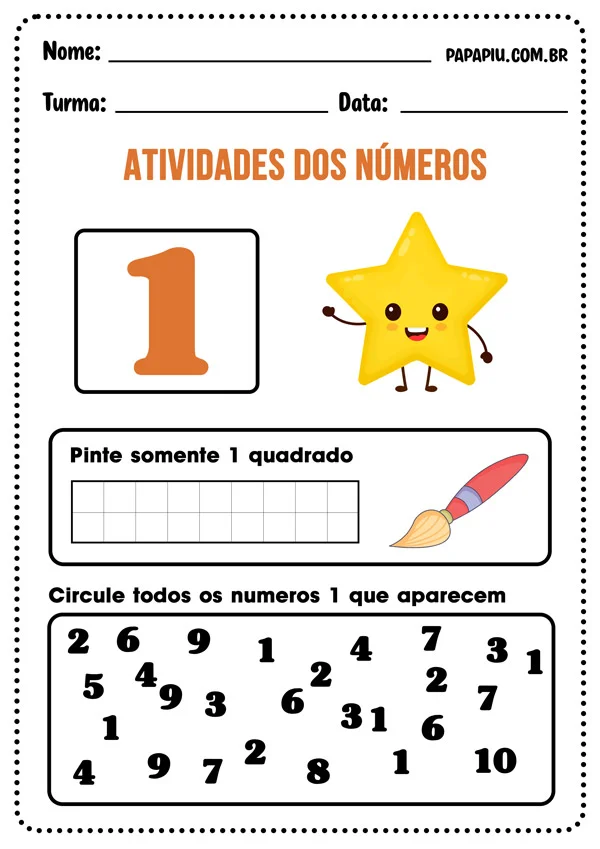 Atividade sobre números para imprimir com o número 1