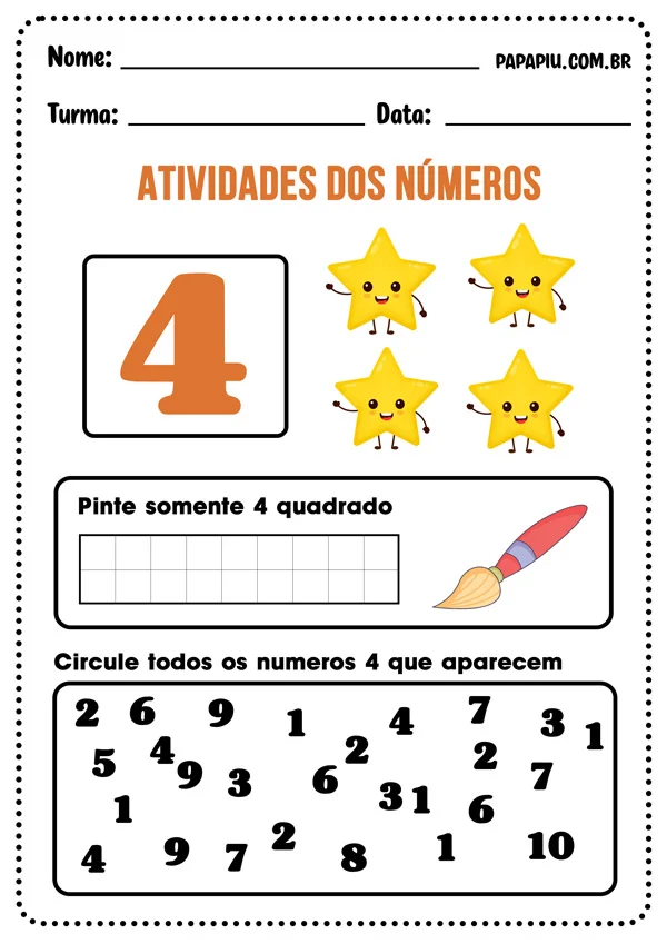 Atividade sobre números para imprimir com o número 4
