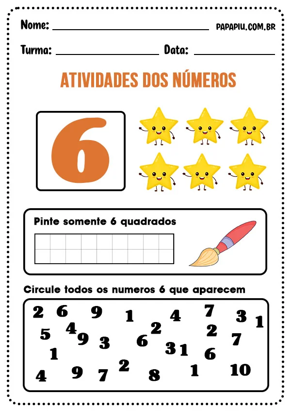 Atividade sobre números para imprimir com o número 6