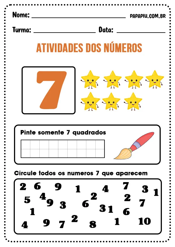 Atividade sobre números para imprimir com o número 7