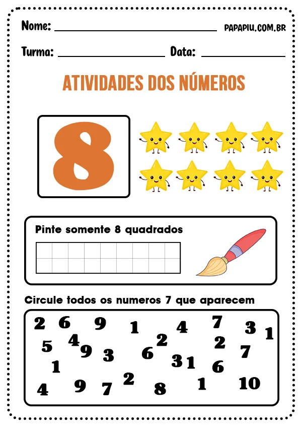 Atividade sobre números para imprimir com o número 8