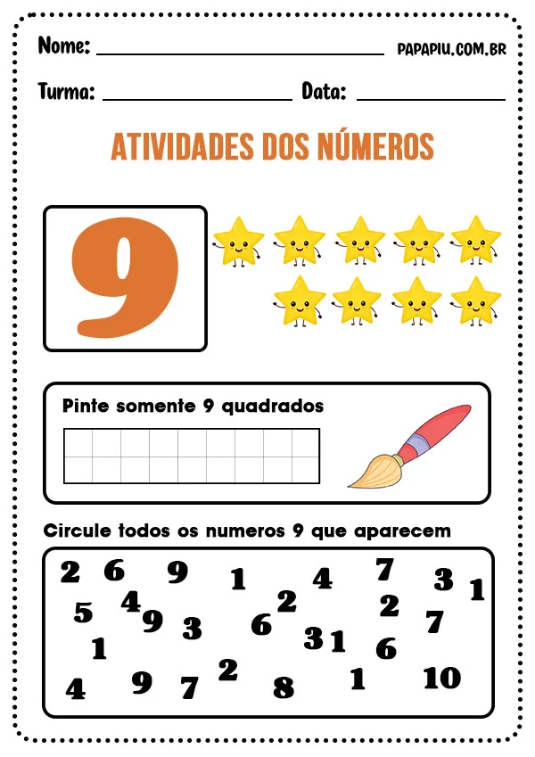 Atividade sobre números para imprimir com o número 9