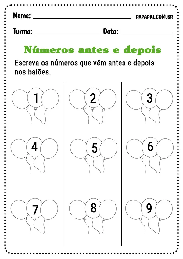 Atividade de matemática com números antecessores e sucessores.