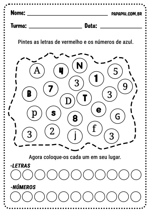 Atividade de matemática para diferenciar números de letras