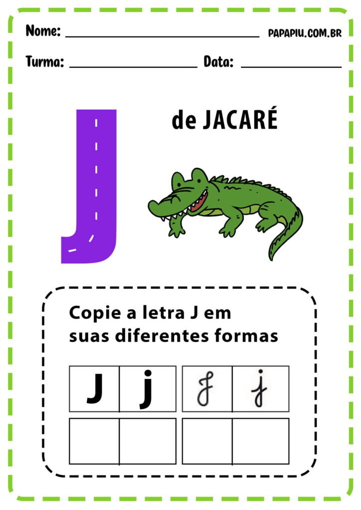 Atividade de alfabetização com a letra J de jacaré