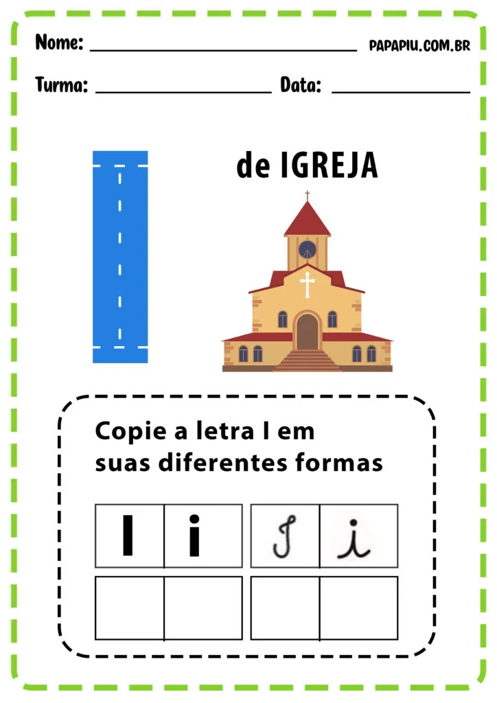 Atividade de alfabetização para imprimir com a letra I de Igreja