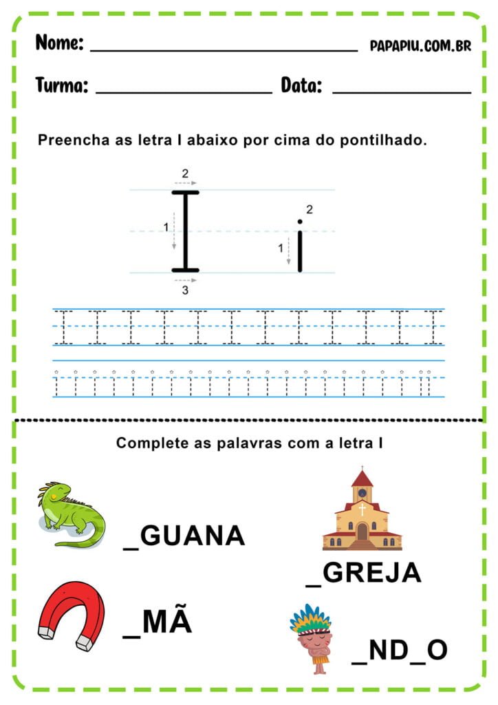 Atividade de alfabetização para imprimir com a letra I com caligrafia