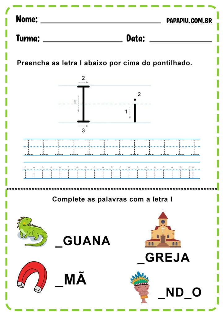 Atividade de alfabetização para imprimir com a letra I com caligrafia