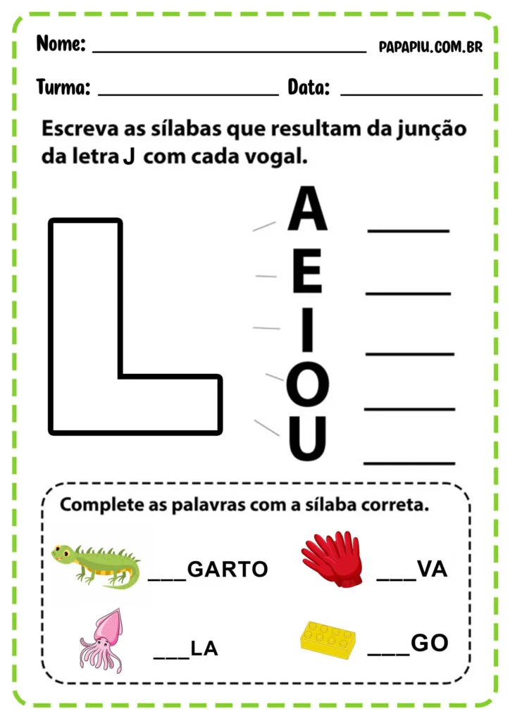 Atividade de alfabetização das sílabas da letra L