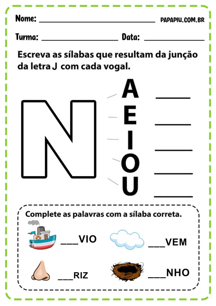 Atividades do alfabeto com a letra N e sua família silábica