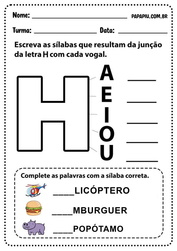 ATIVIDADE DE EDUCAÇÃO INFANTIL - LETRA H