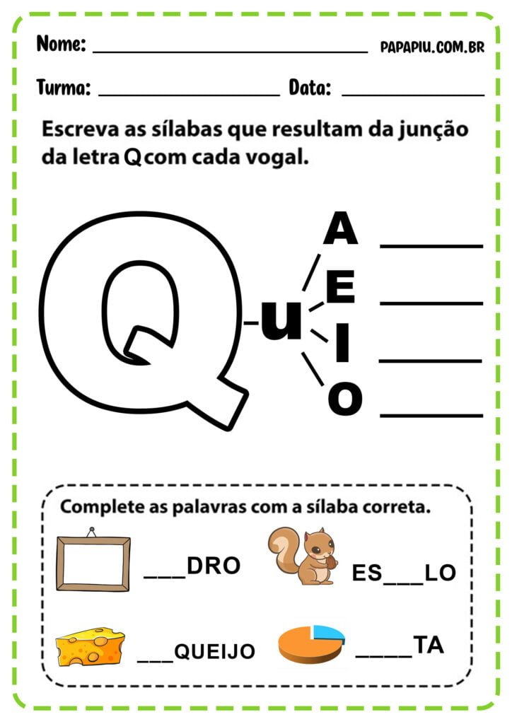 Atividade de alfabetização da letra Q para imprimir