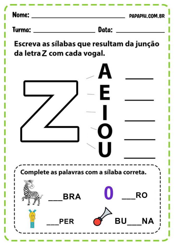 Atividade de alfabetização com a letra Z