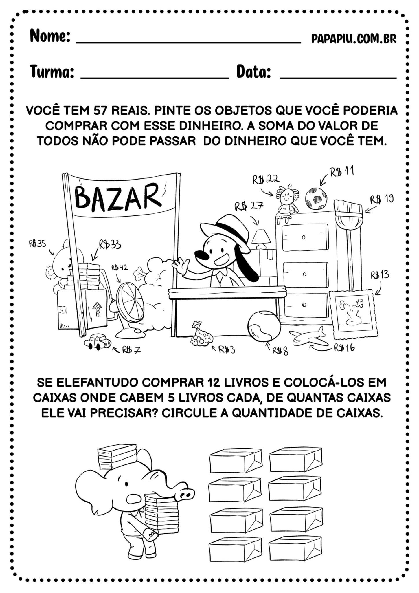 Atividade de matemática 2° ano: sistema monetário - Papapiu