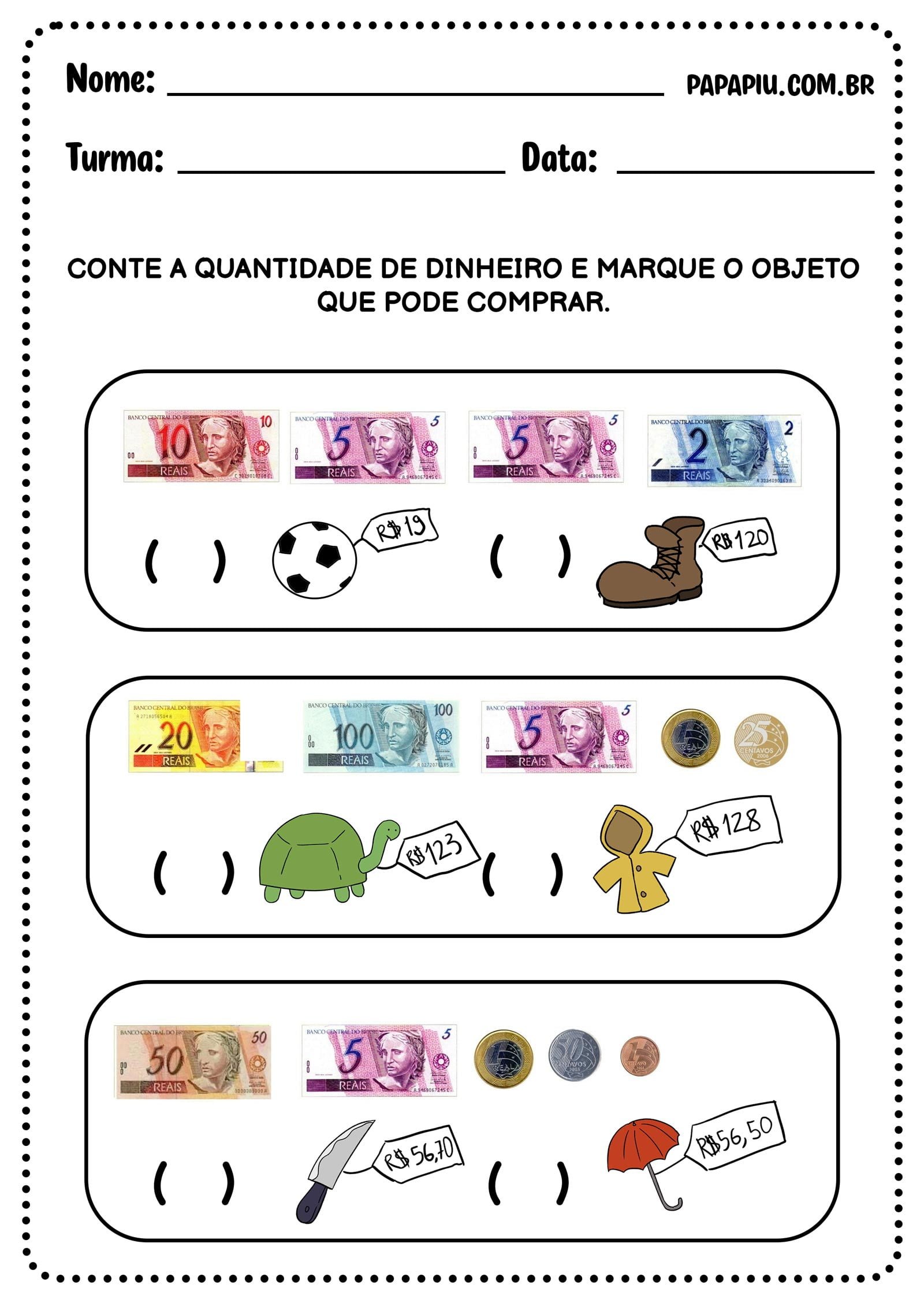 Atividade de matemática 2° ano: sistema monetário - Papapiu