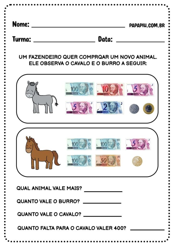 Terceira atividade sistema monetário 2 ano