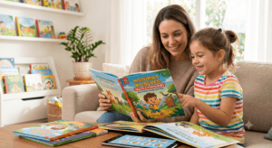 Mãe e filha lendo história biliguês que ensinam inglês
