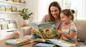Mãe e filha lendo história biliguês que ensinam inglês